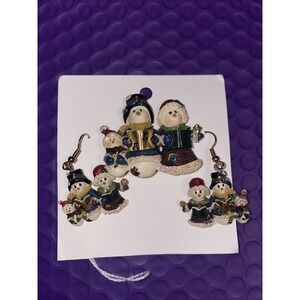 Vintage Christmas Brooch Pin Ceramic‎ Snowman Snowmen Family of 3 With Earrings